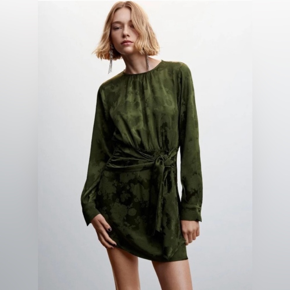 NWT Mango | Women’s green jacquard Alexa wrap dress, zipper/one button back sz 8
